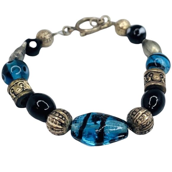 Vintage Blue Glass 925 Sterling Silver Bracelet 8" Toggle Clasp Signed - Picture 2 of 10